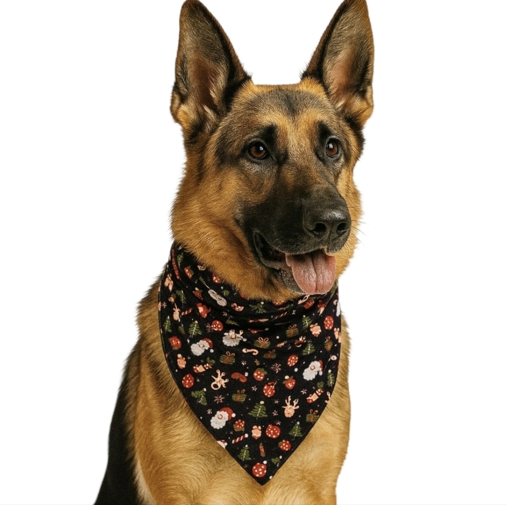 Upcycled Christmas Dog Bandana Tie up in the front blue background pets
